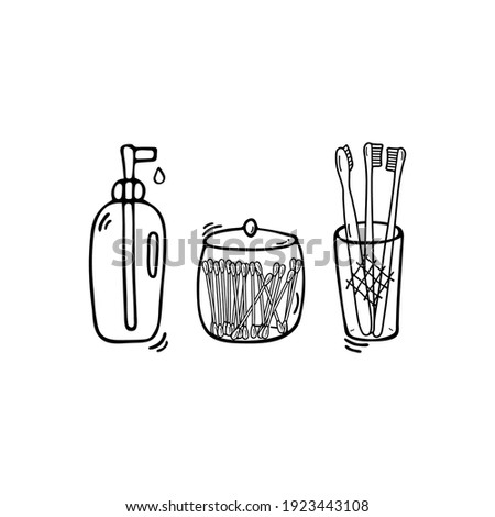 A set of eco-friendly products: cotton swabs in a glass jar, bamboo toothbrushes in a glass dish, a liquid soap dispenser. Vector doodle illustrations for online store, website. Сток-фото © 