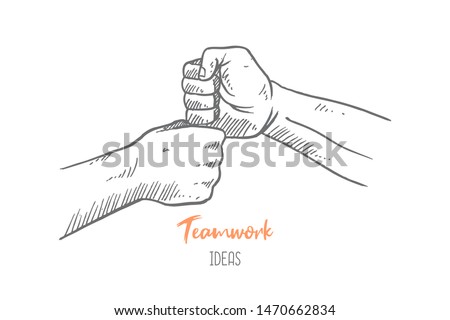 Hand drawn of two young persons fist bump top and down. Team work, cooperation, partnership hands gesture sketch concept vector illustration. Isolated design with white background