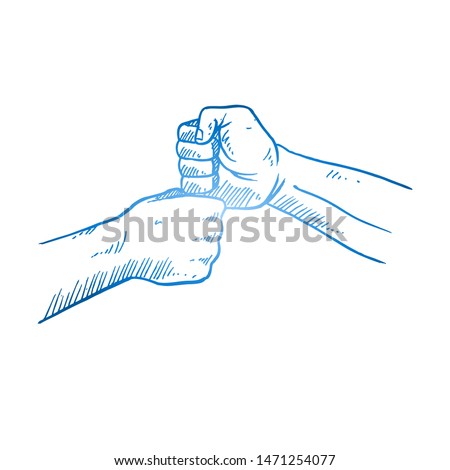 Hand drawn of two young persons fist bump top and down. Teamwork an d partnership cooperation hands gesture sketch concept vector illustration. Isolated design with white background