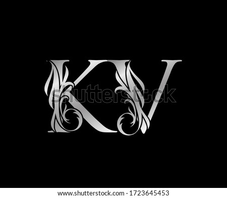 Classic Silver K,V and KV Letter Floral logo. Heraldic Vintage drawn emblem for book design, weeding card, brand name, business card, Restaurant, Boutique, Hotel.  Stock fotó © 