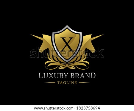 Royal Unicorn Logo With X Letter. Elegant Gold Shield badge design for Royalty, Letter Stamp, Boutique,  Hotel, Heraldic, Jewelry, Wedding.