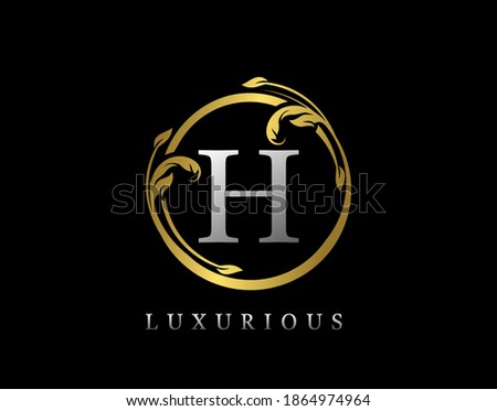Luxury Circle Letter H Floral Design. Vintage Gold H Swirl Logo Icon.
