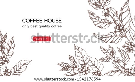 Vector template for coffee business, coffee house website screen. Concept with coffee tree and berries on white background. Illustration for landing page or banner, flyer or blog post.