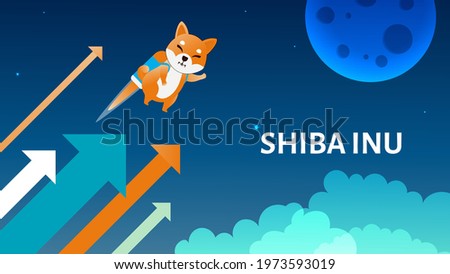 Vector illustration concept of Shiba Inu uptrend cryptocurrency. Shib dog flies up to the moon on a jetpack