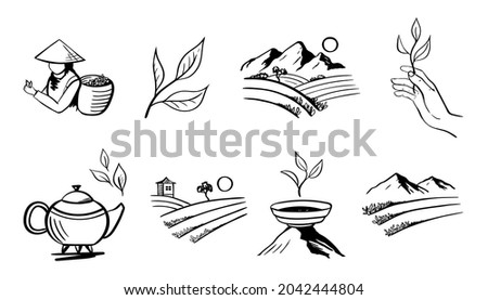 Collection of tea icons, tea leaves in hand and a cup with green tea in the mountains. Large set of signs for packaging or website