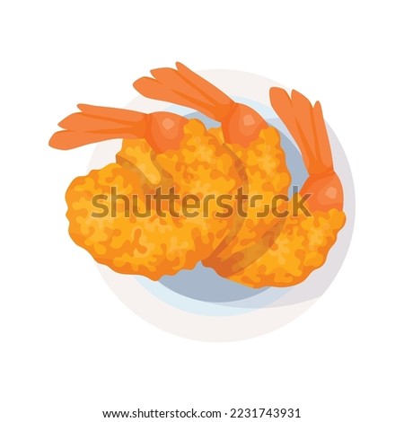 Dish with three shrimp tempura, breaded, crispy, deep fried in batter. Plate for menu Asian cuisine