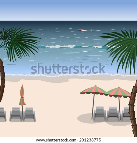 Landscape of a beach with white sand, sea, umbrellas, loungers and palm trees.
