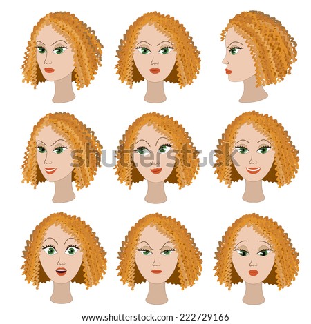 Set of variation of emotions of the same girl with red hair. She is remembering, thinking, sad, dreaming, angry, surprised, outraged, smiling. She have short curly hair and green eyes