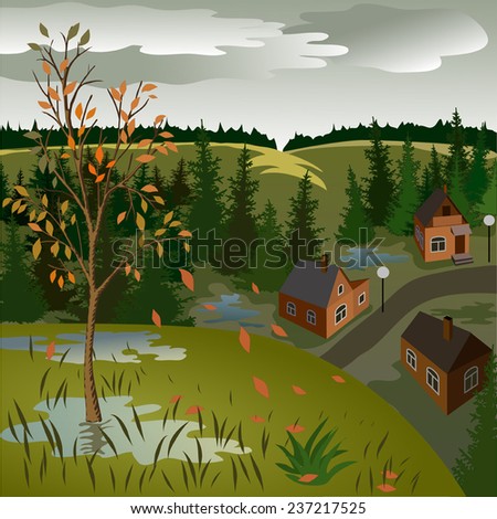 View of landscape of autumn town from hill. Day, sky, skyline, forest, houses, tree, valley.