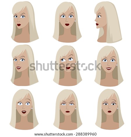 Set of variation of emotions of the same woman with blond hair. She is thinking, upset, dreaming, angry, surprised, outraged, smiling. She have long straight hair and blue eyes.