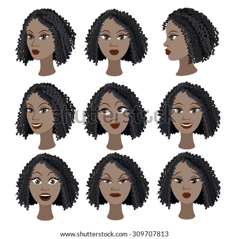 Set of variation of emotions of the same black girl. She is remembering, thinking, sad, dreaming, angry, surprised, outraged, smiling. She has short curly hair