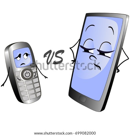 Old push-button phone versus a modern smart phone. Illustration of two cell phones.
Character of old push-button phone confronts with a character of a modern
smart phone.