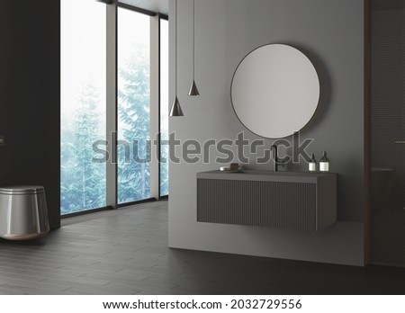 Dark bathroom interior with black parquet floor, black toilet and oval mirror, side view. Minimalist black bathroom with modern furniture. 3d rendering