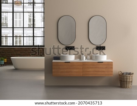 Modern minimalist bathroom interior, modern  bathroom cabinet with interior plants, bathroom accessories
. 3d rendering
