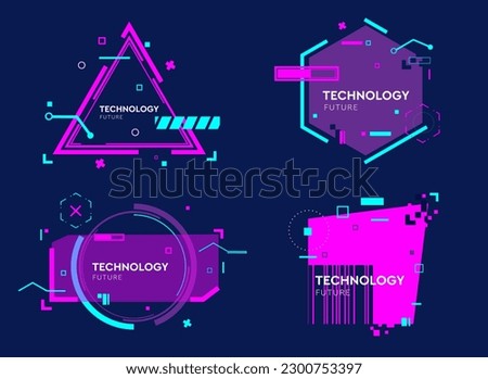 Virtual 3d element with circles, hexagons, triangles, lines, squares, rectangles. Modern logo in cyberpunk style. Futuristic IT badges for banner. Technology hi-tech design in the Vector illustration.