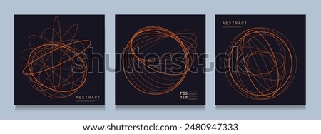 Orange Circles on a Black Background. Trendy 3D Set of Round Lines in 80s-90s Style for Promos, Banners, Posters, Social Media, Cards, and Covers. Abstract Chaotic Graphic Circles Vector Illustration.