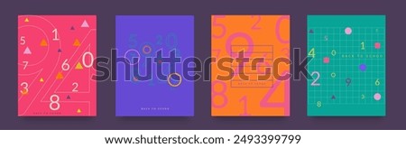 Back to School. Set of Modern Number Backgrounds for Advertising,  Social Media, Posters, Banners, Magazines, Copybooks, Cover. 3D Pattern in Pink, Blue, Orange, Turquoise Colors. Vector Illustration.