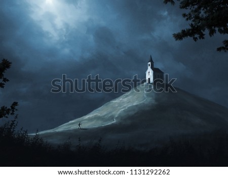 Similar – Image, Stock Photo Small church at night against sky with aurora borealis