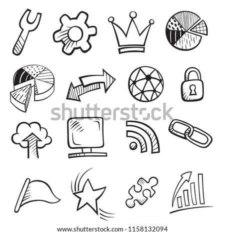 Web and Computer Icon Set. Hand drawn black Sketchy Doodles icons for the Internet. Back to School Style. Vector Illustration Design Elements 