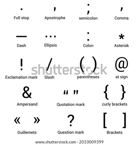 list of punctuation marks in English grammar vector illustration on white background