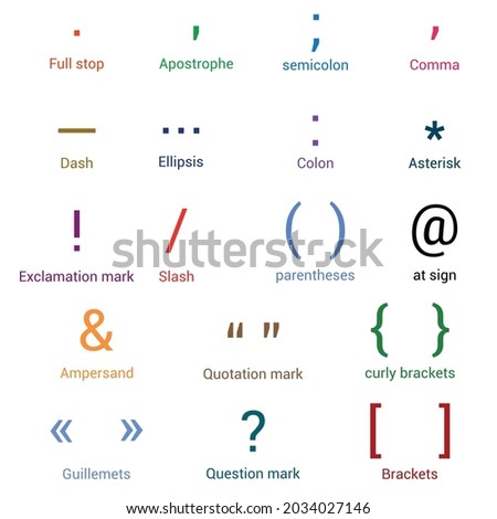 list of punctuation marks in English grammar vector illustration on white background