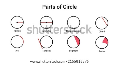 the different parts of a circle. Radius, diameter, circumference, chord, arc, tangent, segment and sector. Vector illustration isolated on white background.