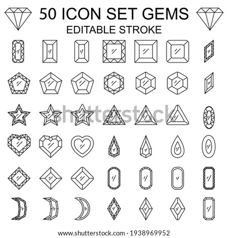 50 Icon Set Gems With Outline Style. Editable Stroke.