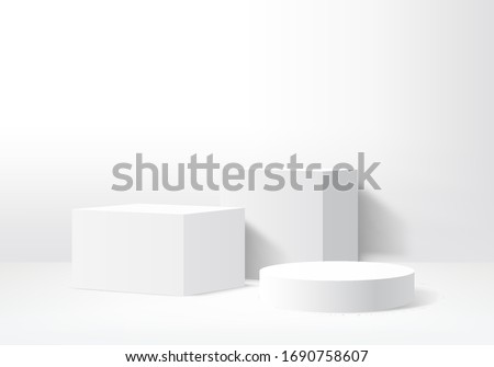 Background vector 3d gray render with podium white 3d and minimal white wall scene, minimal podium white background 3d rendering abstract stage gray. Stage render for product on white podium studio