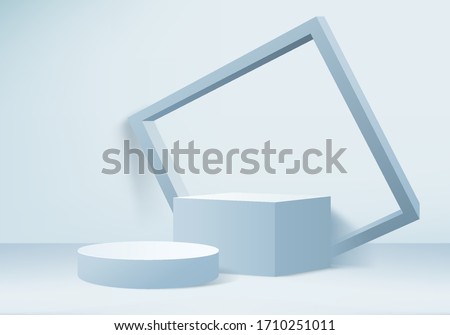 Background vector 3d blue rendering with podium and minimal product blue wall scene, stage background 3d rendering shot geometric blue pastel. Stage 3d for product on podium in blue background shot