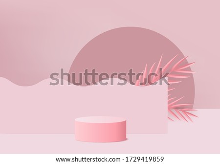 cosmetic background podium. minimal scene with geometrical forms. Cylinder podium in pink background with fern leaves. Scene to show cosmetic product, Showcase. 3d vector render for product display.