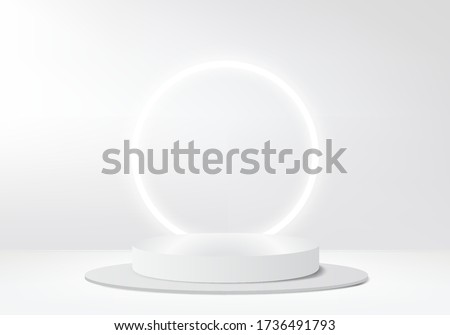 cosmetic background podium. minimal scene with geometrical forms. Cylinder podium in grey background with light on stand. Scene to show cosmetic product, Showcase. 3d vector render for product display