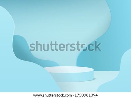cosmetic background podium. minimal scene with geometrical forms. Cylinder podium in cream background with curve blue. stand to show cosmetic product, Showcase. 3d vector render for product display.