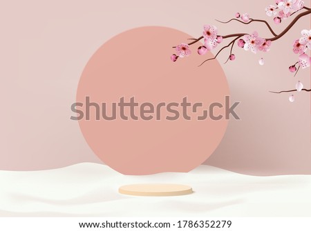 Background vector 3d pink render with sakura flower and pink pastel scene Japanese style, sakura minimal background 3d rendering display geometric pink sakura pastel. Stage spring for sakura product