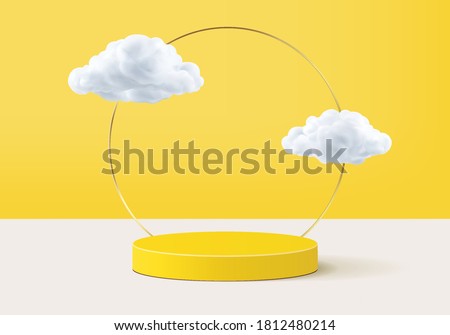 Cloud background vector 3d yellow rendering with podium product cloud scene, minimal display background 3d rendering product display yellow pastel. Stage for display showcase on cloud in podium 3d