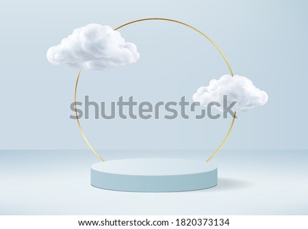 Background vector 3d blue rendering with podium and minimal cloud scene, minimal product display background 3d rendered geometric shape sky cloud blue pastel. Stage 3d render in cloud product platform