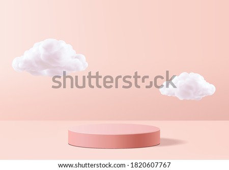 Background vector 3d pink rendering with podium and minimal cloud white scene, minimal cloud abstract background 3d rendering geometric shape pink pastel podium. Stage and cloud 3d render