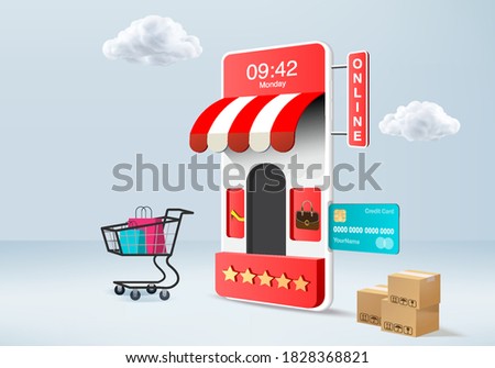 shopping online store for sale, mobile e-commerce 3d blue background, shop online on mobile app 24 hours. shopping cart, credit card. minimal store online device 3d vector rendered