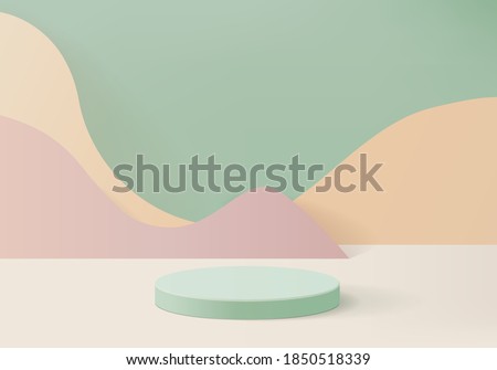 3d Stage background product scene with geometric platform. Stage background vector 3d rendering with podium. stage to show cosmetic products. Stage showcase on pedestal modern 3d studio green platform