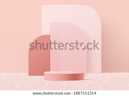 3d valentine background products display podium on pink carpet platform. background vector 3d rendering with podium. gold stand for show products. Stage display on pedestal pink carpet podium studio