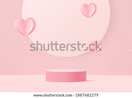 3d background products valentine podium in love platform. heart background vector 3d rendering with cylinder. podium stand to show cosmetic product. Stage romance showcase on pedestal pink love studio