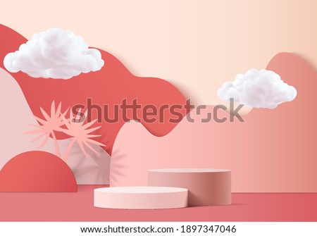 3d background product valentine podium in love platform. cloud background vector 3d rendering with cloud cylinder. podium stand to show cosmetic product. Stage romance showcase on pedestal red studio