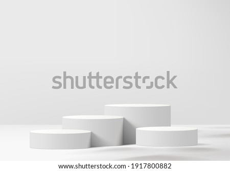 3d background products display podium scene with geometric platform. white background vector 3d rendering with podium. stand to show cosmetic products. Stage showcase on pedestal display grey studio