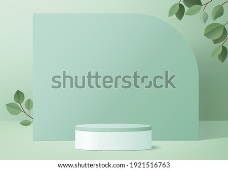 3d background products display podium scene with leaf geometric platform. background vector 3d rendering with podium. stand to show cosmetic products. Stage showcase on pedestal display green studio
