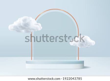 display 3d background products podium pedestal with cloud. podium blue background vector 3d render podium. stand to show cosmetic product. cloud 3d stage showcase on pedestal display blue sky studio