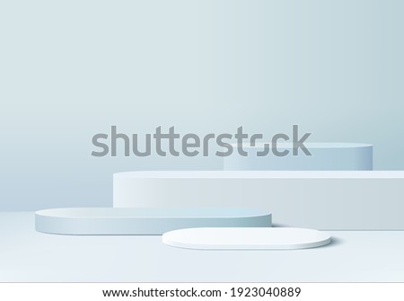 Cylinder abstract minimal scene with geometric platform. Summer background vector 3d rendering with podium. stand to show cosmetic products. Stage showcase on pedestal modern 3d studio blue pastel