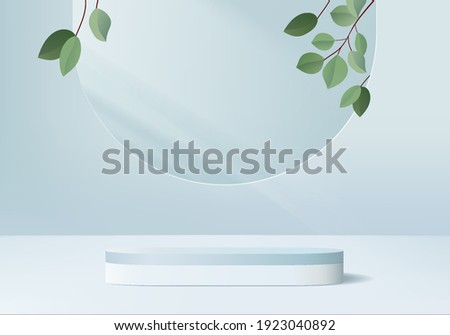 3d background products display podium scene with palm leaf summer platform. background vector 3d rendering with podium. stand to show cosmetic products. Stage products summer on pedestal display blue