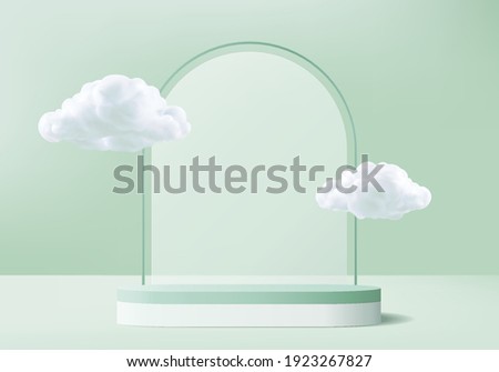 display 3d background products podium scene with cloud platform. background vector 3d rendering with podium. stand to show cosmetic products. cloud stage showcase on pedestal display green studio