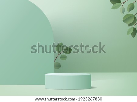 Cylinder display abstract minimal scene with leaf geometric platform. background vector 3d rendering with podium. stand to show cosmetic products. Stage showcase on pedestal modern 3d studio green