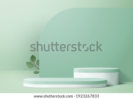 3d background products display green podium scene with platform. background vector 3d render with podium. stand to show cosmetic products. Stage showcase on pedestal display green background platform
