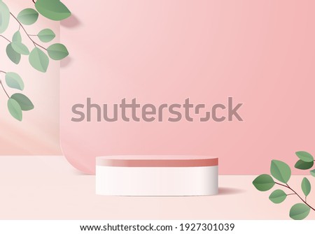 Cylinder display abstract minimal scene with leaf geometric platform. background vector 3d rendering with podium. stand to show cosmetic products. Stage showcase on pedestal modern 3d pink studio